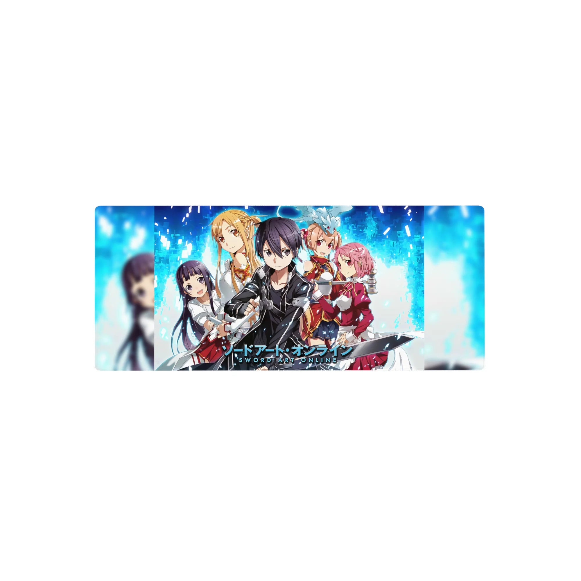 Sword Art Online mouse pad featuring Kirito, Asuna, Silica, Lisbeth, Yui; vibrant design, size 28x12 inches.