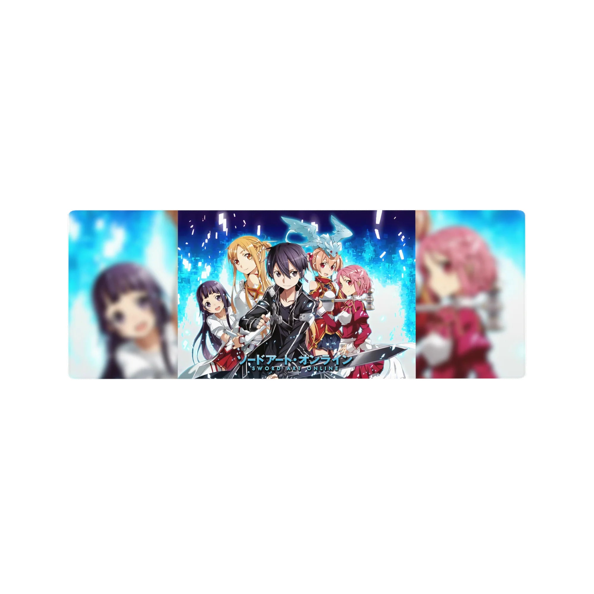 Anime mouse pad 32x12 inches featuring Kirito, Asuna, Silica, and more from Sword Art Online in pixelated blue and digital fire.