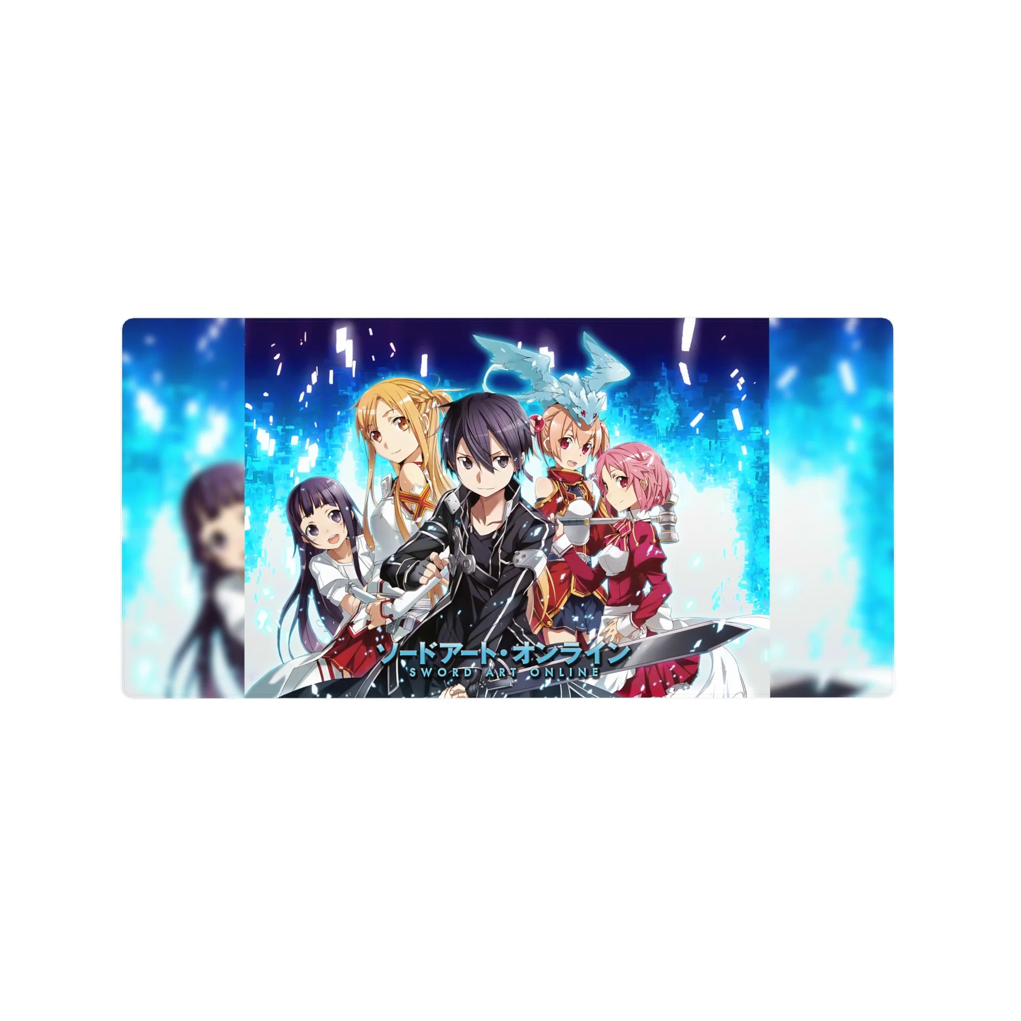 Sword Art Online mouse pad featuring Kirito, Asuna, Silica, Lisbeth, and Yui in vibrant blue, size 32x16 inches.