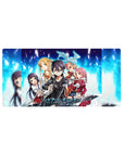 Sword Art Online mouse pad featuring Kirito, Asuna, Silica, Lisbeth, and Yui in vibrant blue, size 32x16 inches.