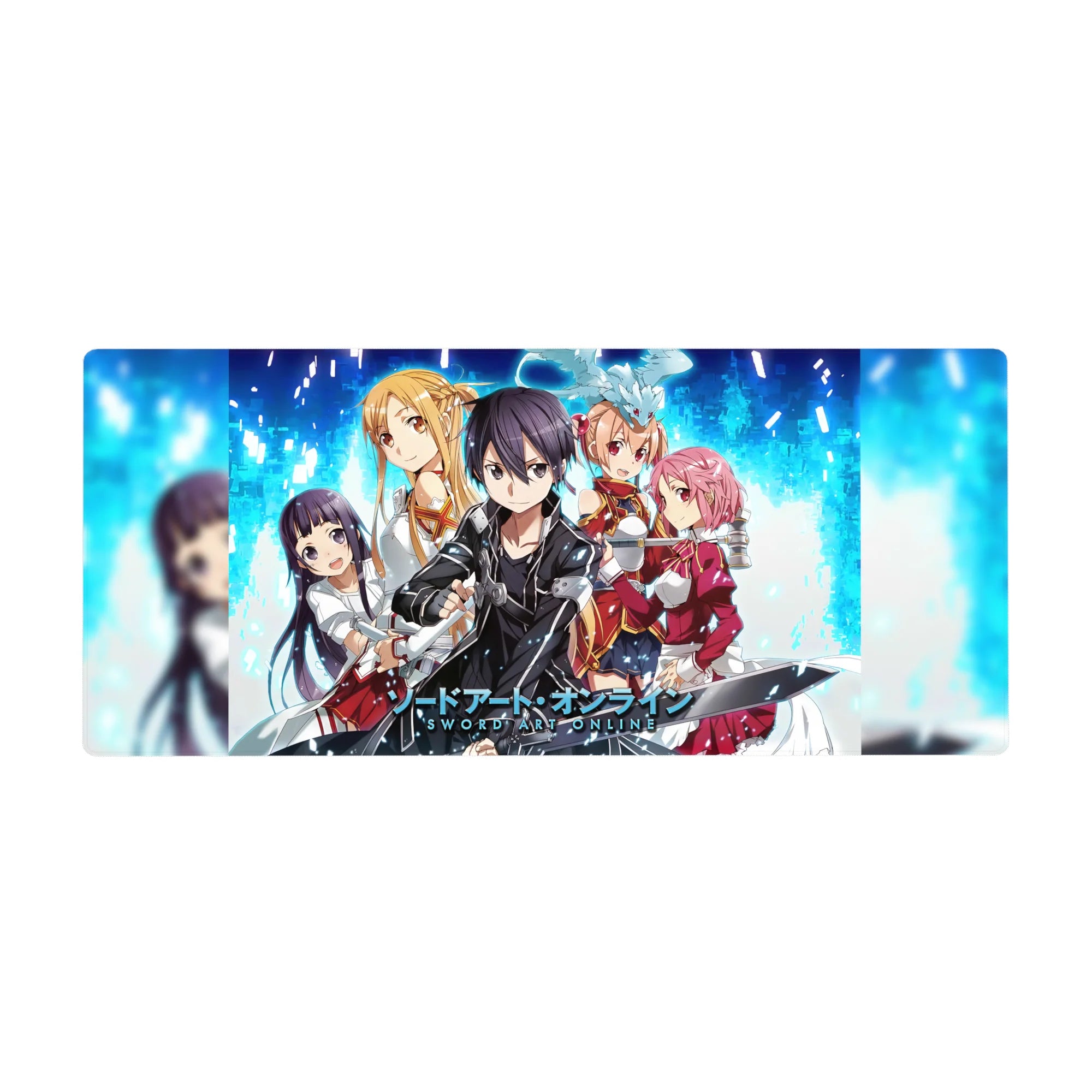 Sword Art Online desk pad featuring Kirito, Asuna, Silica, Lisbeth, and Yui in 36x16 inches, vibrant digital design.