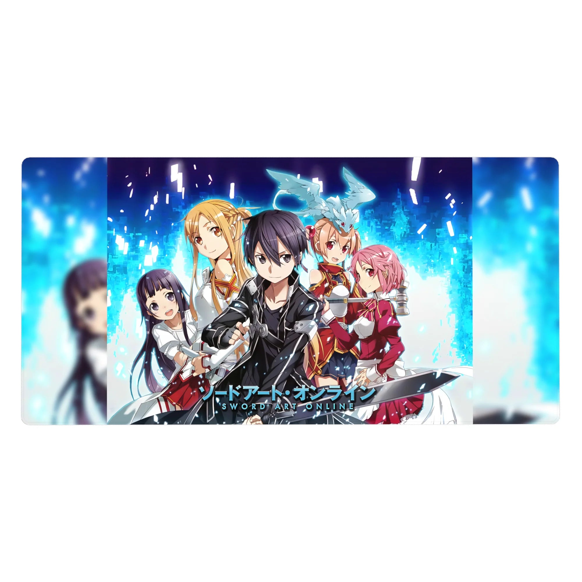 Desk pad featuring Kirito, Asuna, and more from Sword Art Online, in pixelated blue and digital fire, size 40x20 inches.