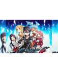 Desk pad featuring Kirito, Asuna, and more from Sword Art Online, in pixelated blue and digital fire, size 40x20 inches.