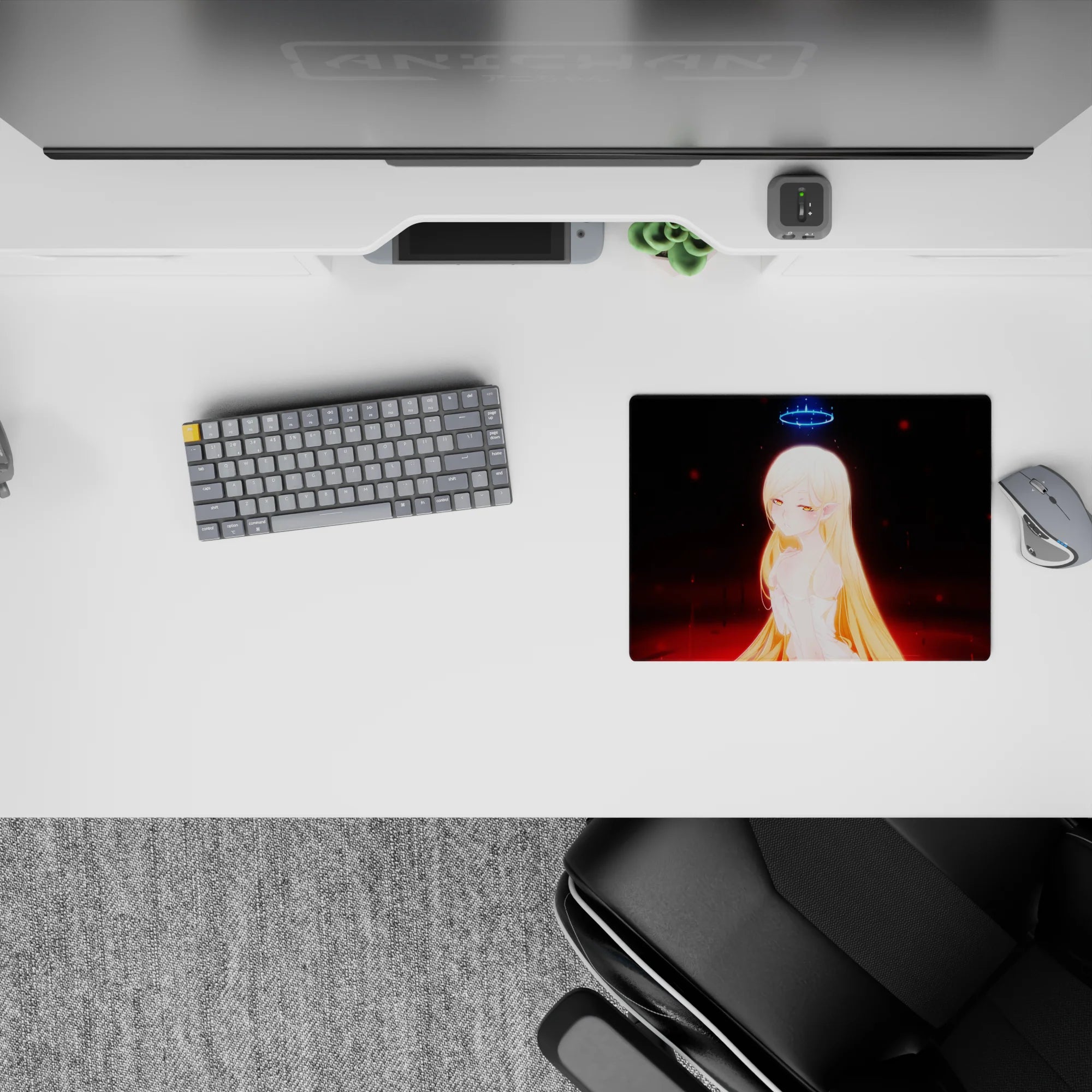 Anime mouse pad 14x10 inches in gold, neon blue, and red embers, moody late-night fantasy desk vibe.
