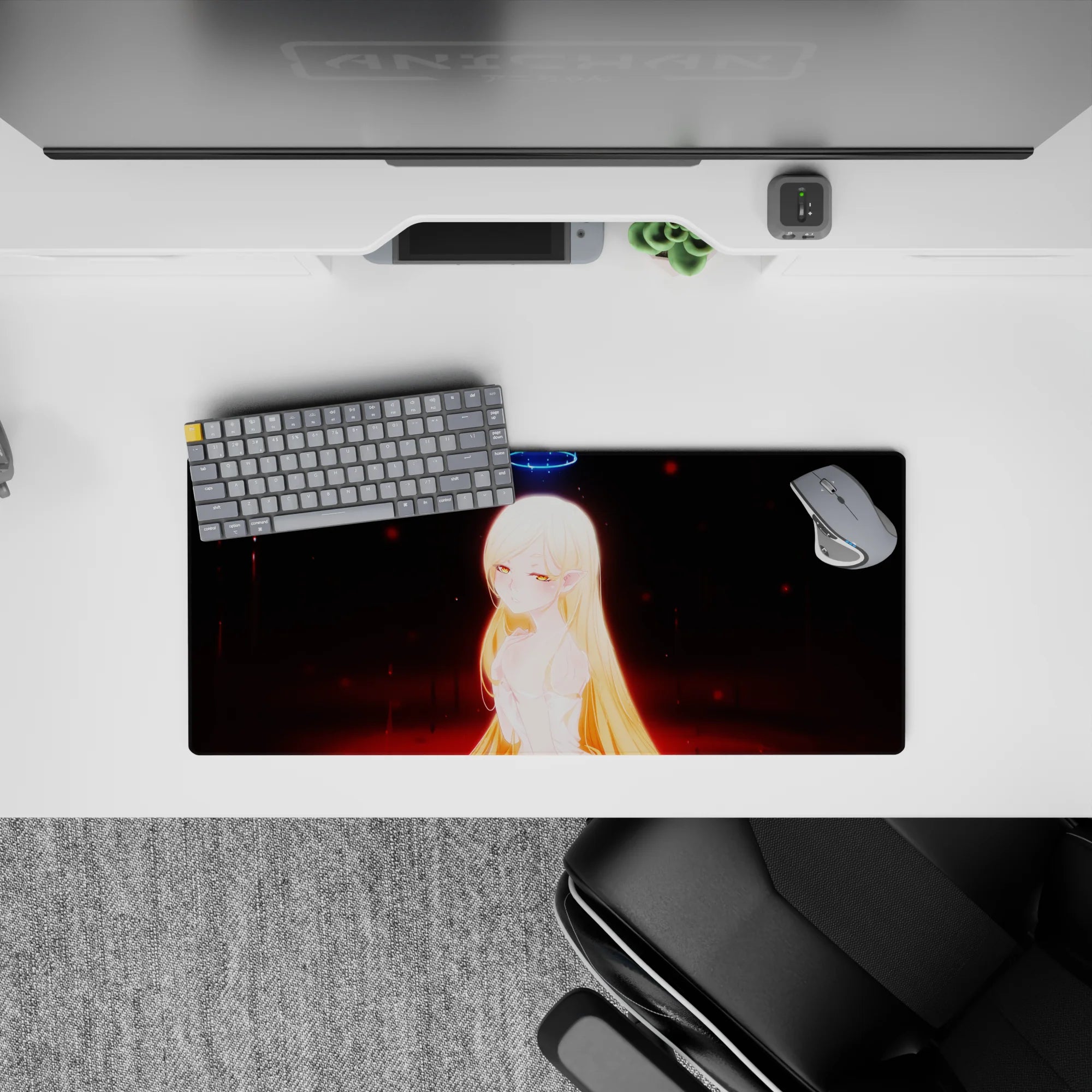 28x12 inches anime desk mouse pad in moody dark tones with red embers, blue halo glow, soft fantasy vibe.
