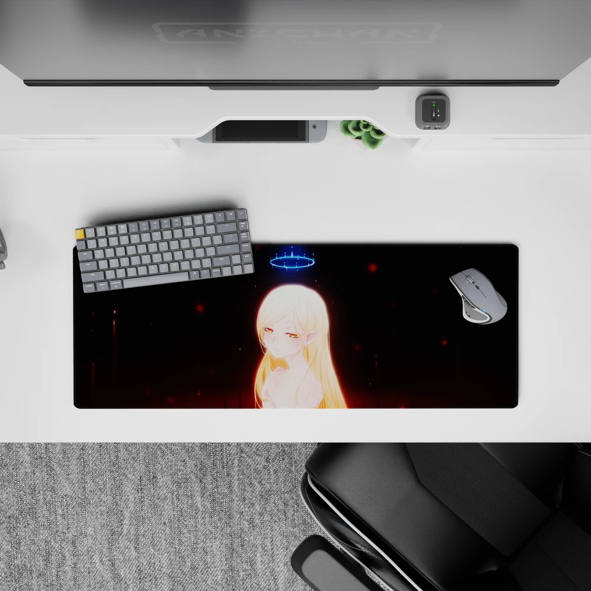 Anime girl mouse pad 32x12 inches in moody dark tones with red embers and neon-blue glow, late-night vibe.