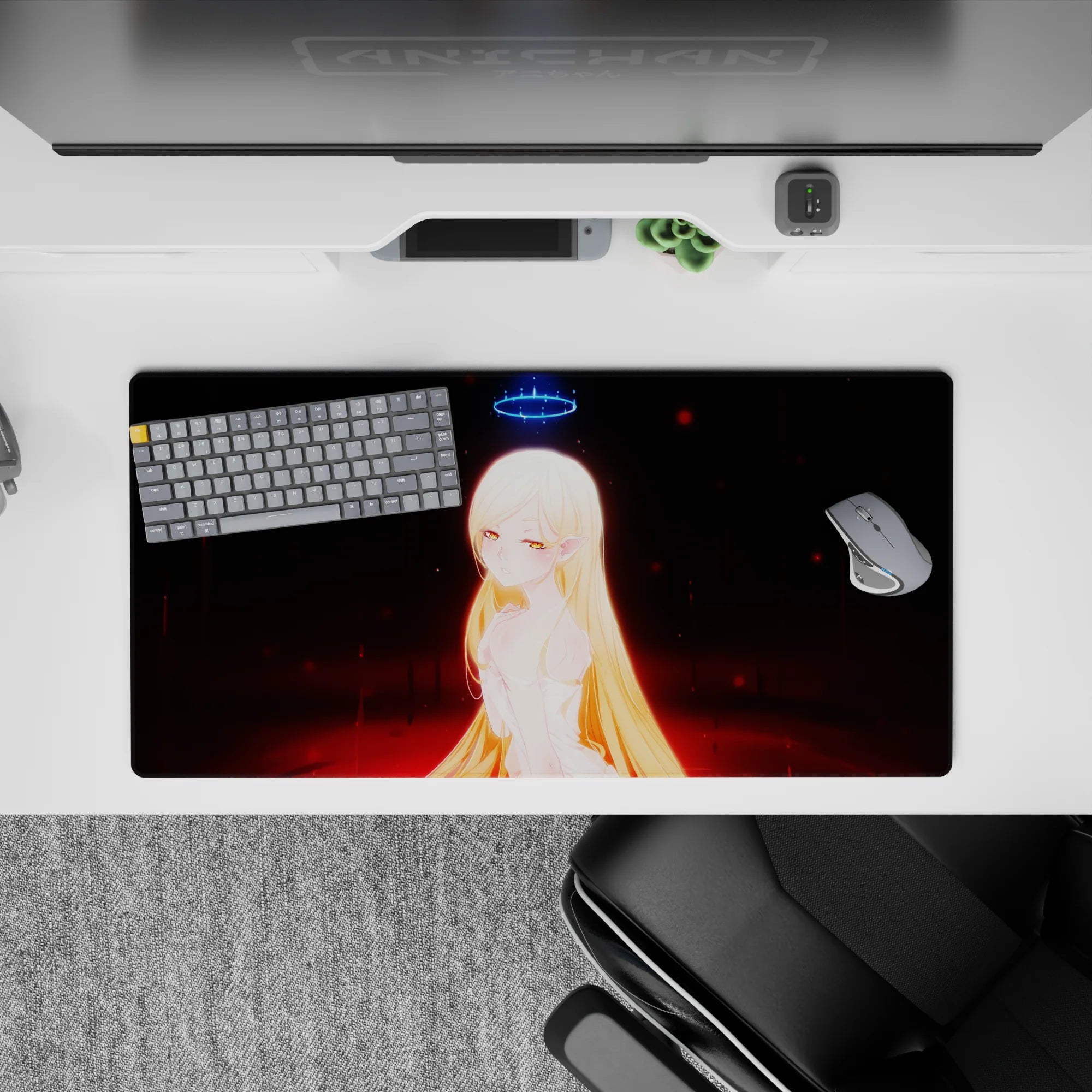 32x16 inches anime girl mouse pad in neon blue and red ember tones, late-night fantasy desk aesthetic.