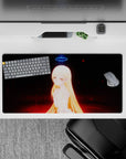 32x16 inches anime girl mouse pad in neon blue and red ember tones, late-night fantasy desk aesthetic.