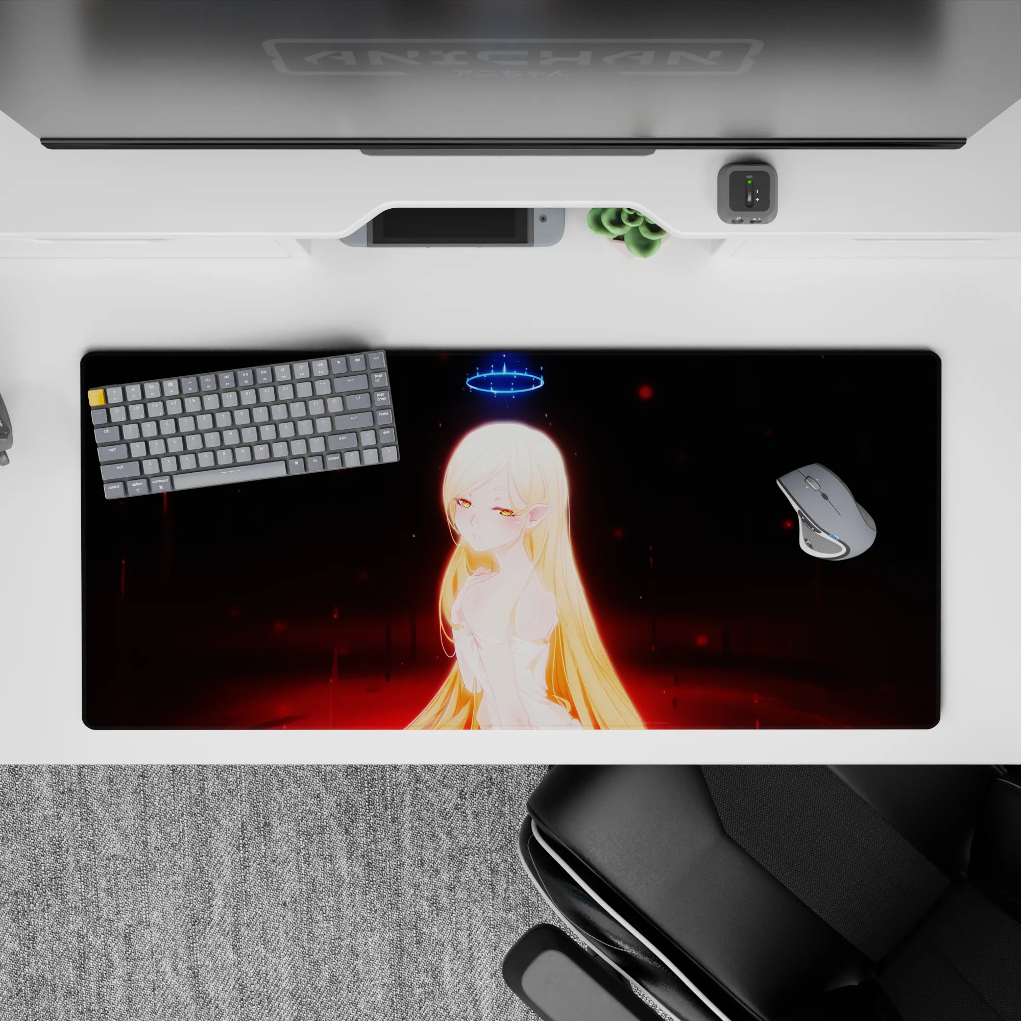 Late-night fantasy desk pad 36x16 inches in black with red embers, neon-blue glow, soft golden highlights.