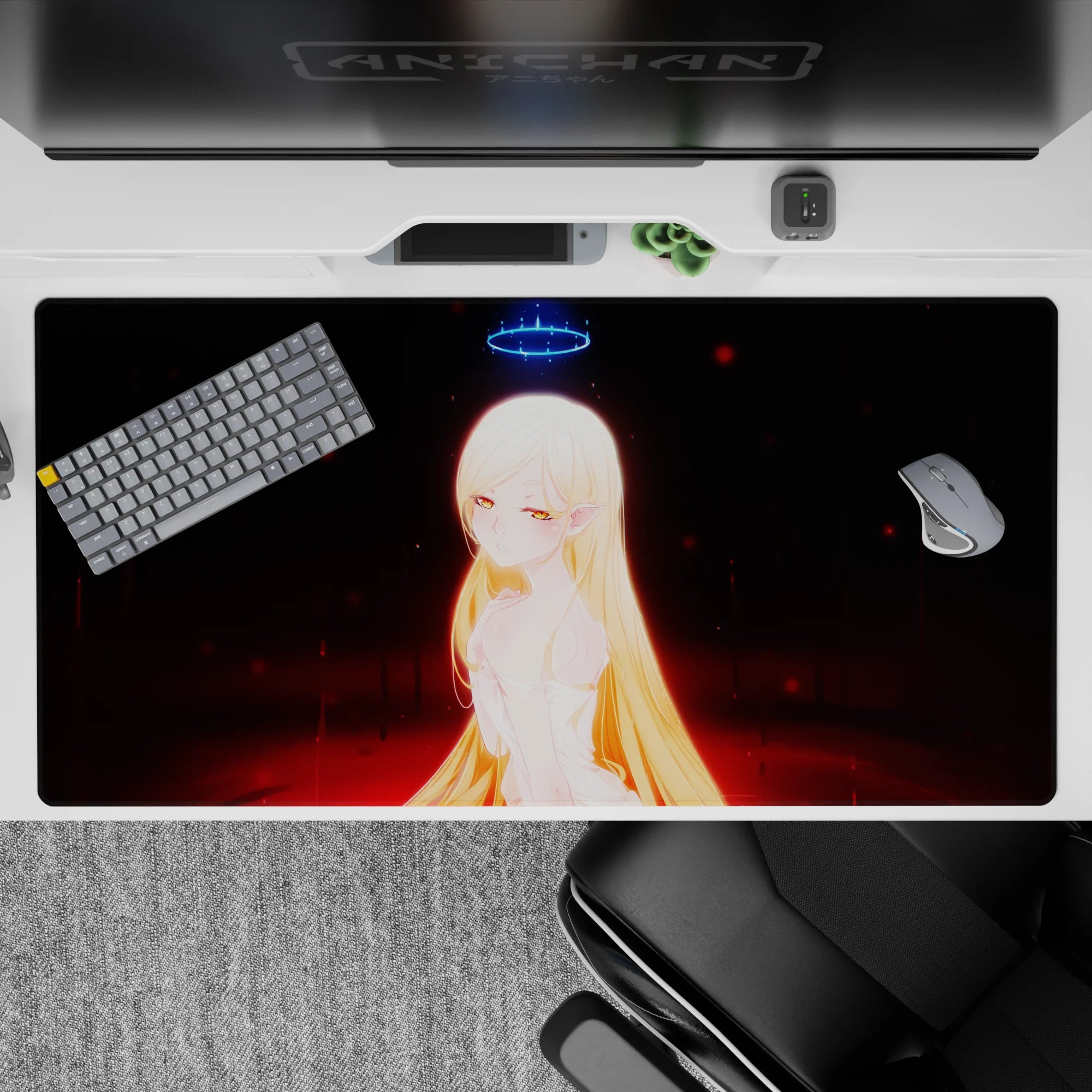 40x20 inches anime desk pad in neon blue and crimson embers, moody dark fantasy glow for gaming setup.