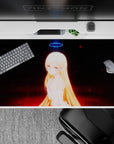 40x20 inches anime desk pad in neon blue and crimson embers, moody dark fantasy glow for gaming setup.