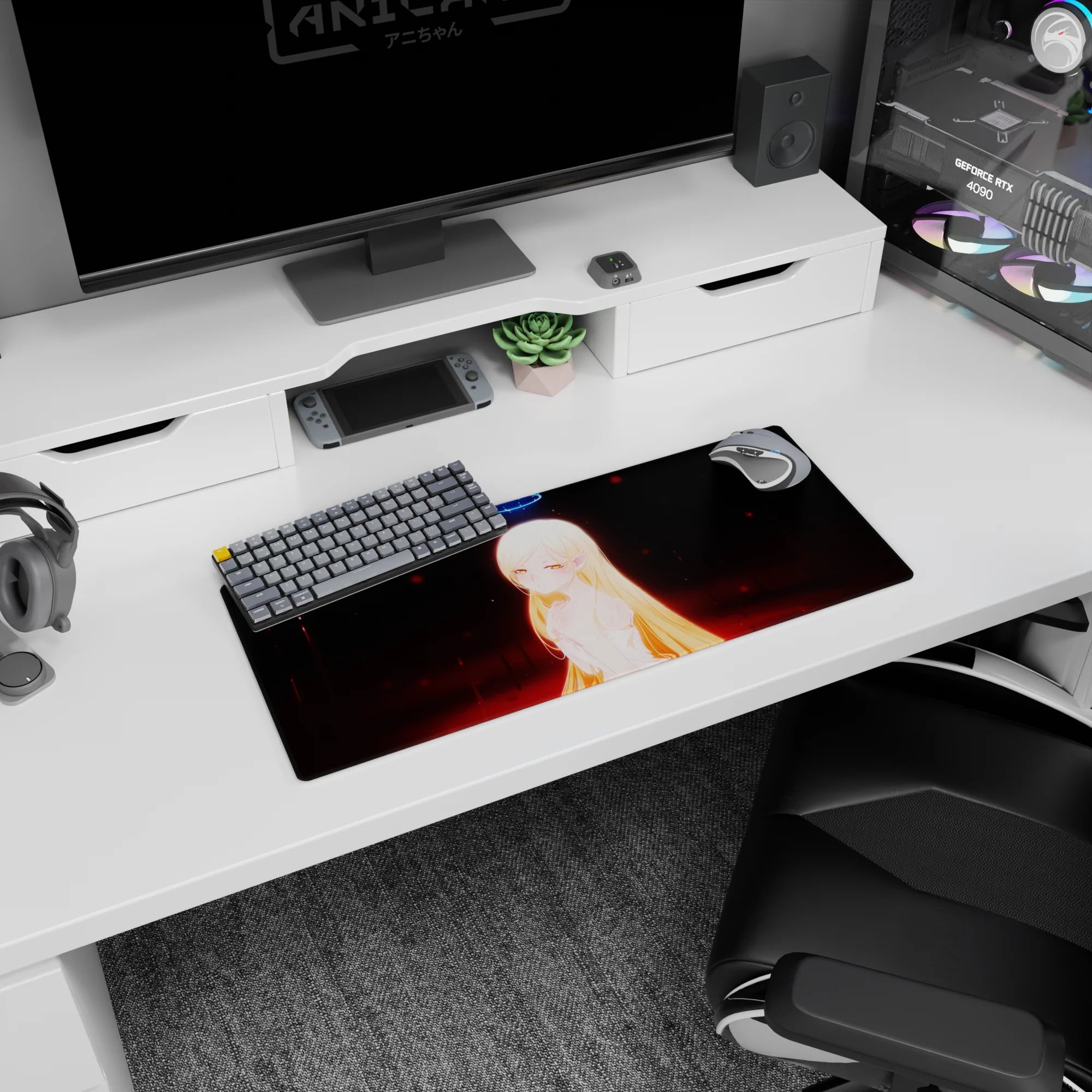 28x12 inches anime girl mouse pad showing an amber-eyed elf girl, long blonde hair, halo above, night backdrop.