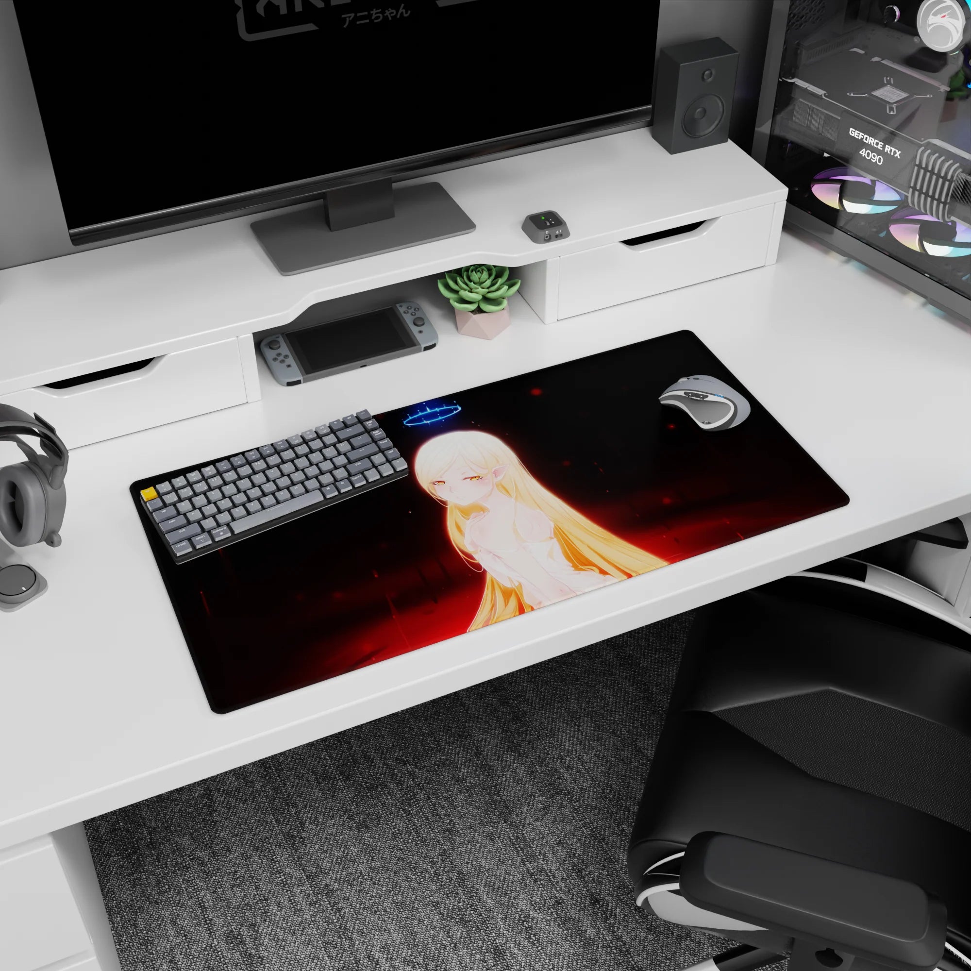 32x16 inches anime girl mouse pad showing amber-eyed elf girl with long golden hair and glowing halo.