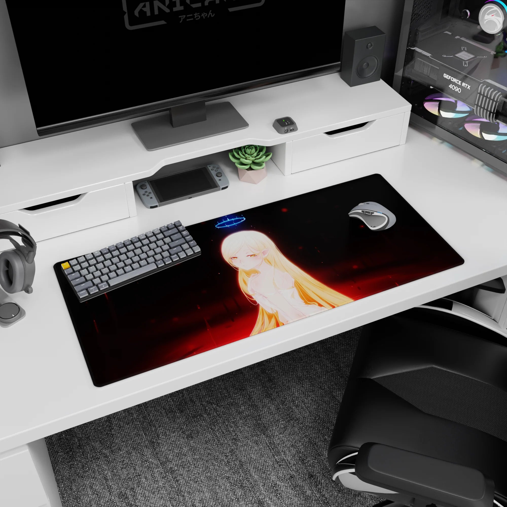Elf anime girl with amber eyes and long blond hair under a blue halo on desk pad 36x16 inches.
