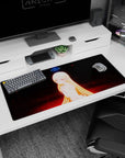 Elf anime girl with amber eyes and long blond hair under a blue halo on desk pad 36x16 inches.