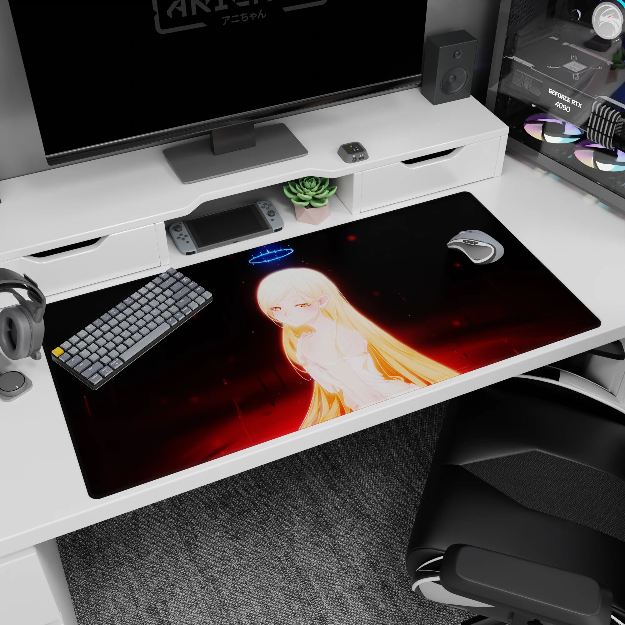 40x20 inches anime girl desk pad showing amber-eyed elf with long golden hair, halo hovering behind her.