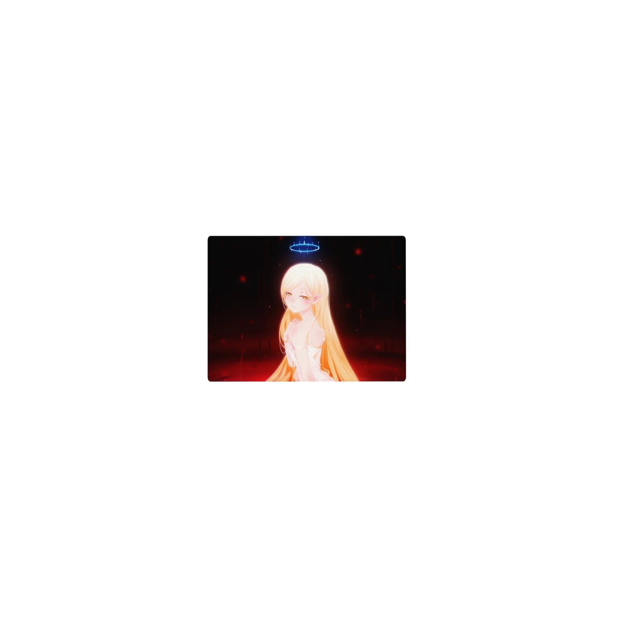 Classic anime girl mouse pad 14x10 inches with elf girl, neon halo, white dress on dark ember backdrop.