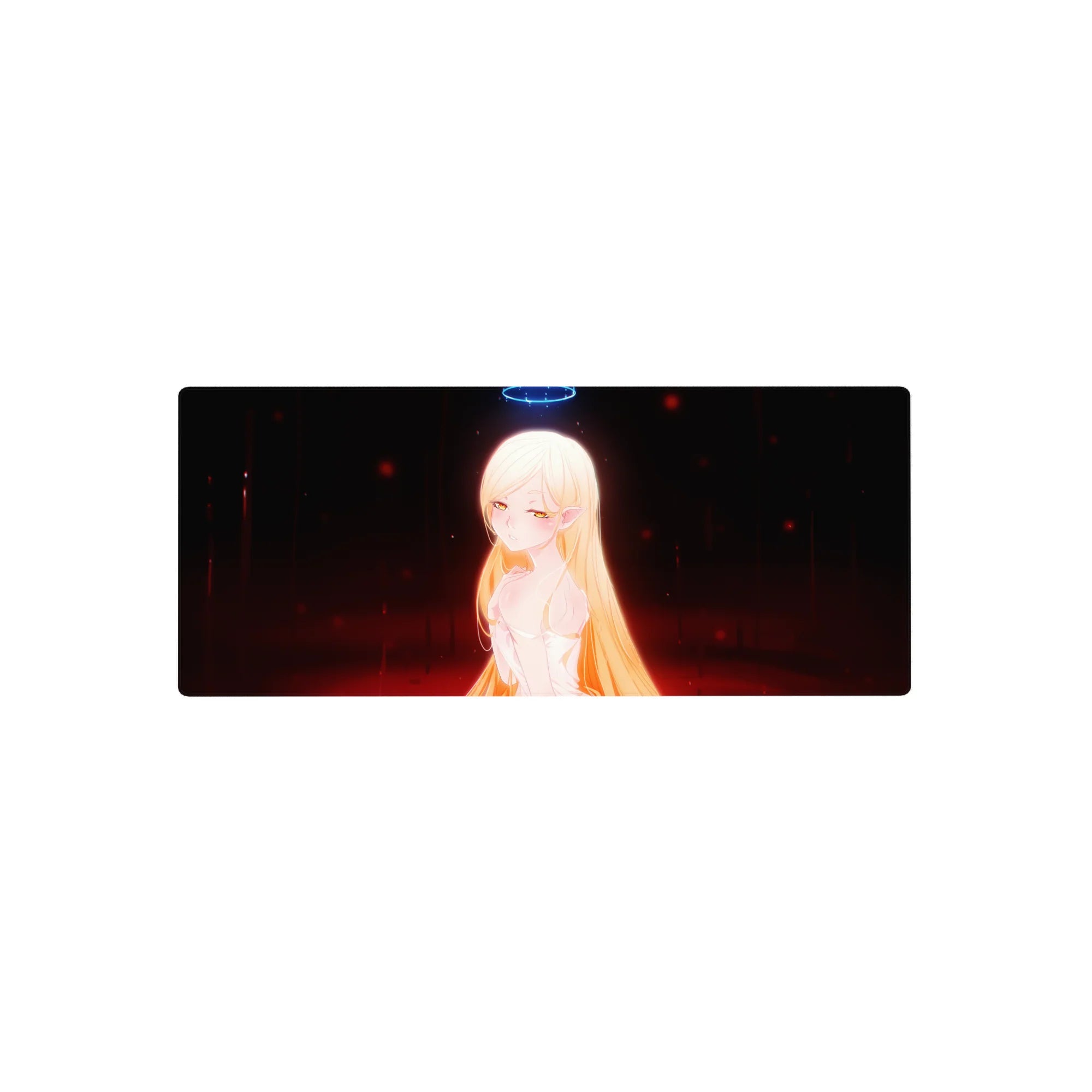Anime girl mouse pad 28x12 inches with golden-haired elf, white dress, neon-blue halo, dark ember background.