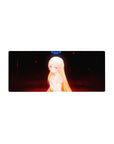 Anime girl mouse pad 28x12 inches with golden-haired elf, white dress, neon-blue halo, dark ember background.