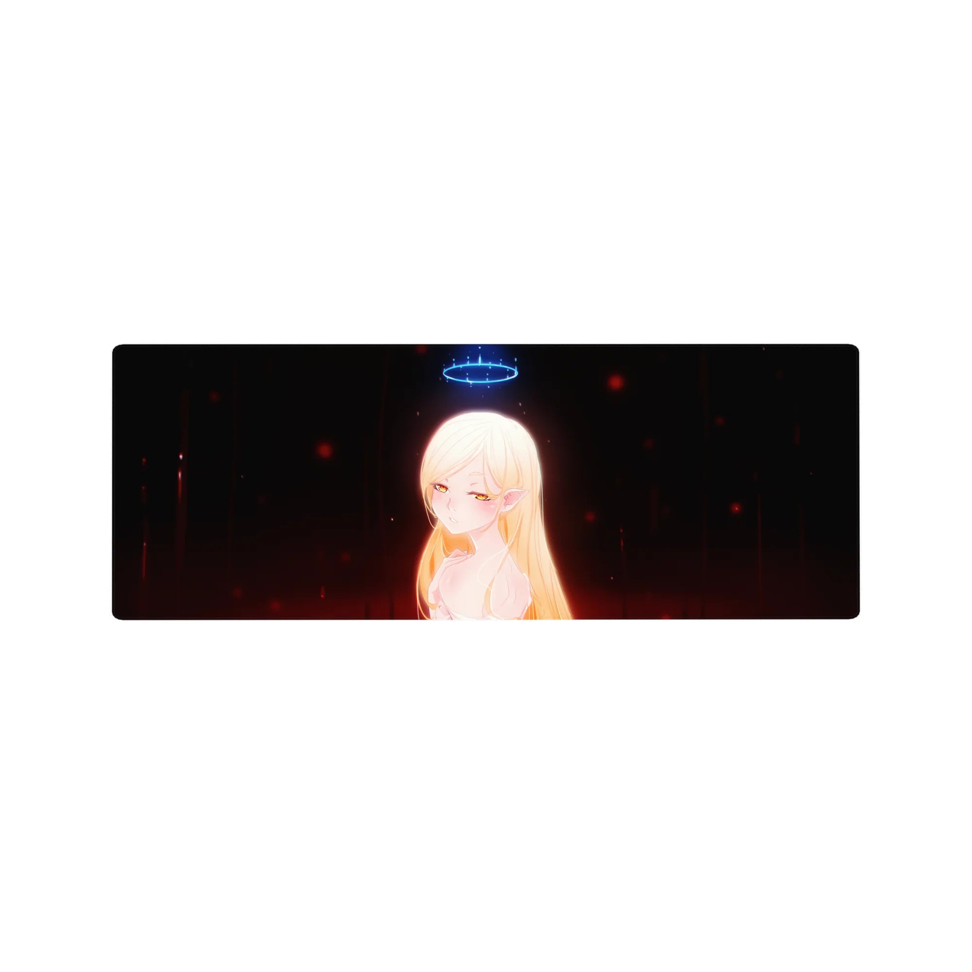 Anime girl mouse pad 32x12 inches with golden-haired elf, neon-blue halo, white dress on dark fantasy backdrop.