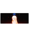 Anime girl mouse pad 32x12 inches with golden-haired elf, neon-blue halo, white dress on dark fantasy backdrop.