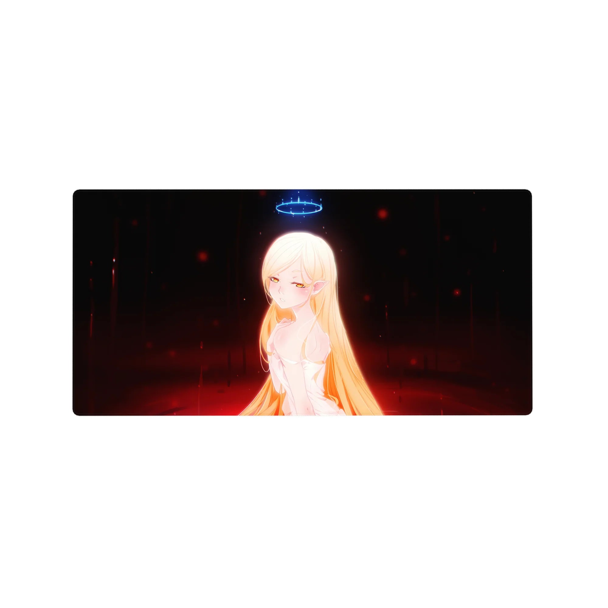 32x16 inches anime girl mouse pad with golden-haired elf, neon-blue halo, white dress, dark ember backdrop.