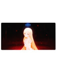 32x16 inches anime girl mouse pad with golden-haired elf, neon-blue halo, white dress, dark ember backdrop.