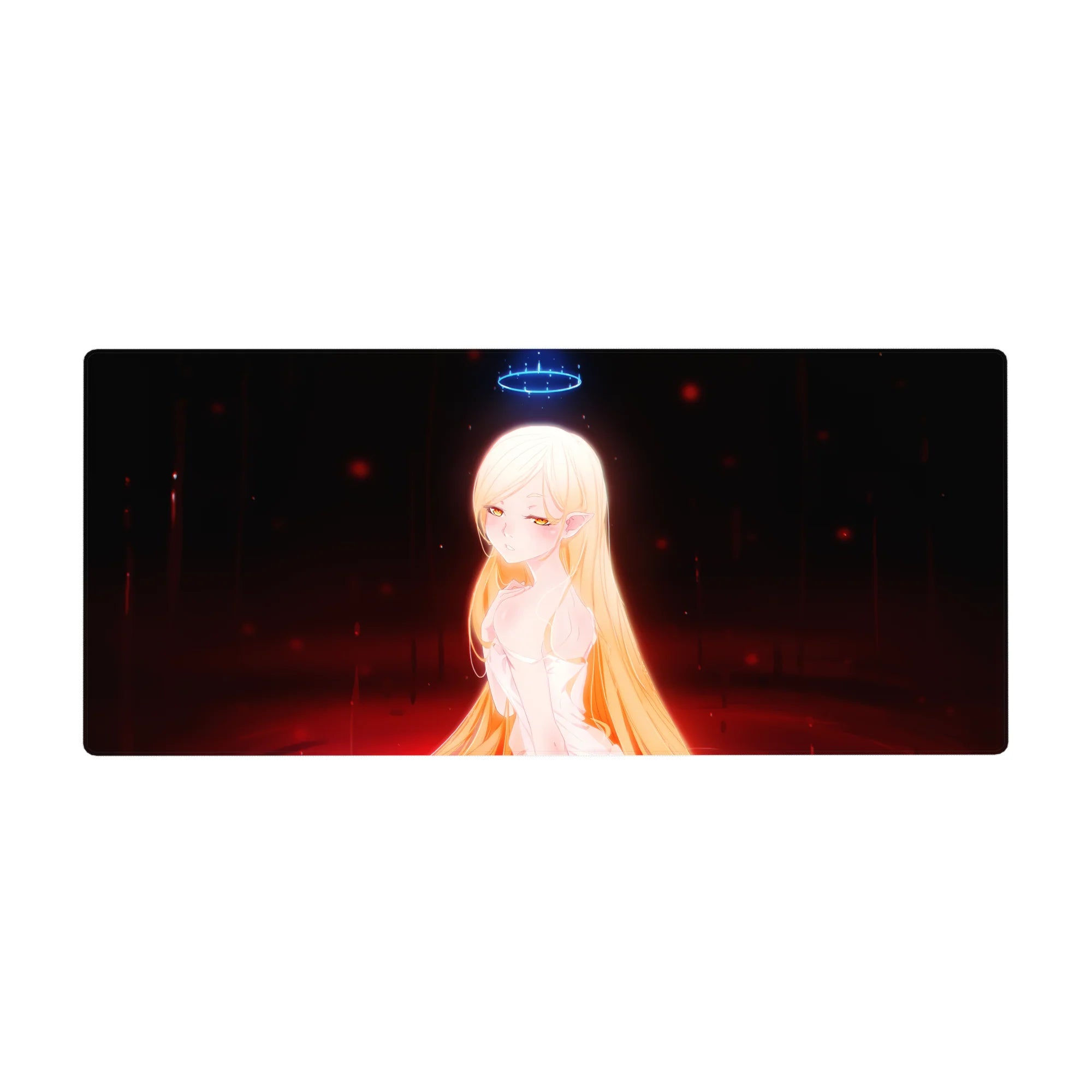 Anime girl desk pad 36x16 inches with golden-haired elf, neon-blue halo, white dress, dark ember backdrop.