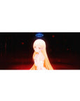 Anime girl desk pad 36x16 inches with golden-haired elf, neon-blue halo, white dress, dark ember backdrop.