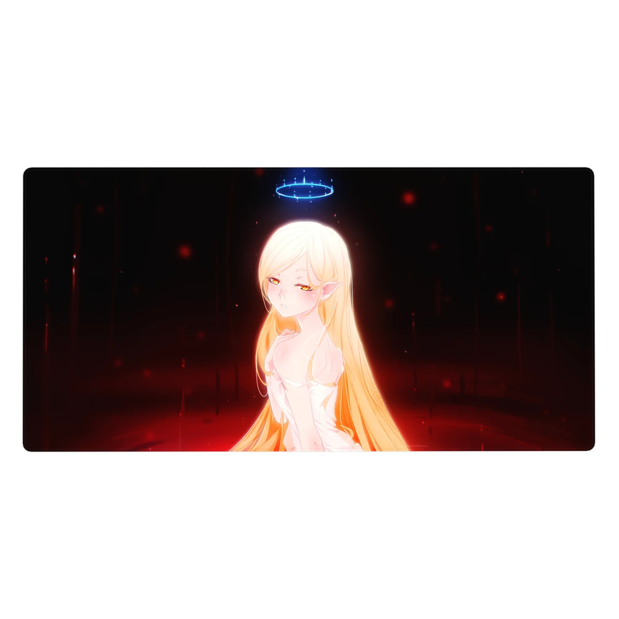 Anime girl desk pad 40x20 inches with golden-haired elf, blue halo, white dress on dark ember background.