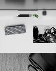 Smoky monochrome noir anime girl mouse pad 14x10 inches with soft haze, sharp highlights, glossy armor sheen.