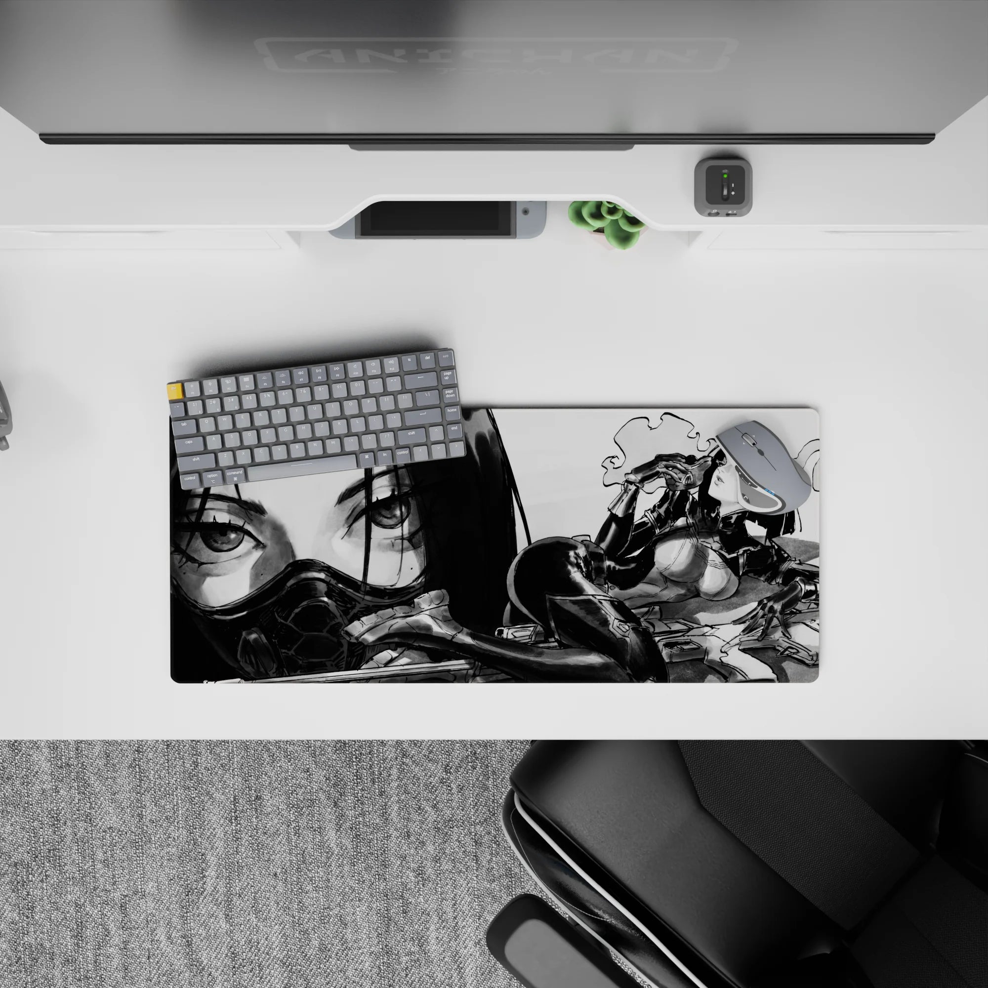 28x12 inches smoky black-and-gray anime mouse pad, bold linework and soft haze for a dramatic noir mood.