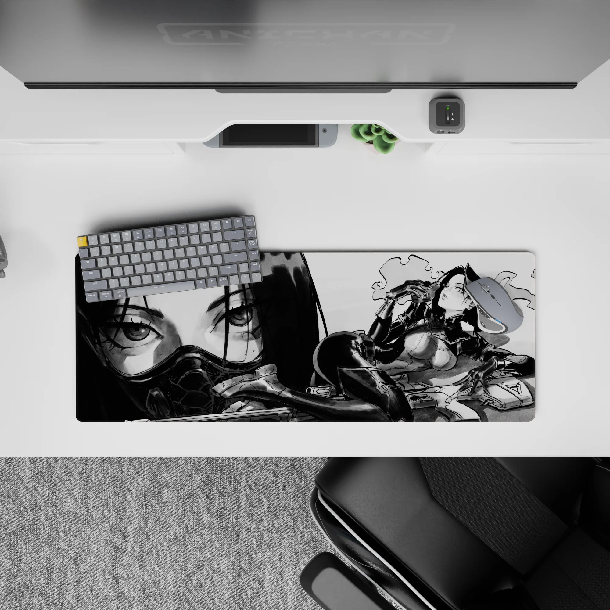 Smoky noir anime girl mouse pad 32x12 inches in black-and-gray shadows with glossy highlights.