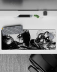 Smoky noir anime girl mouse pad 32x12 inches in black-and-gray shadows with glossy highlights.