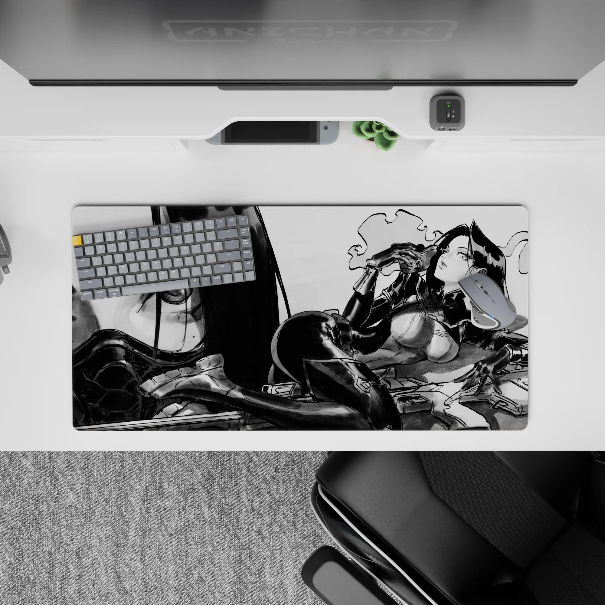 Smoky ink-wash noir anime desk mat 32x16 inches in black and gray haze with sharp glossy highlights.