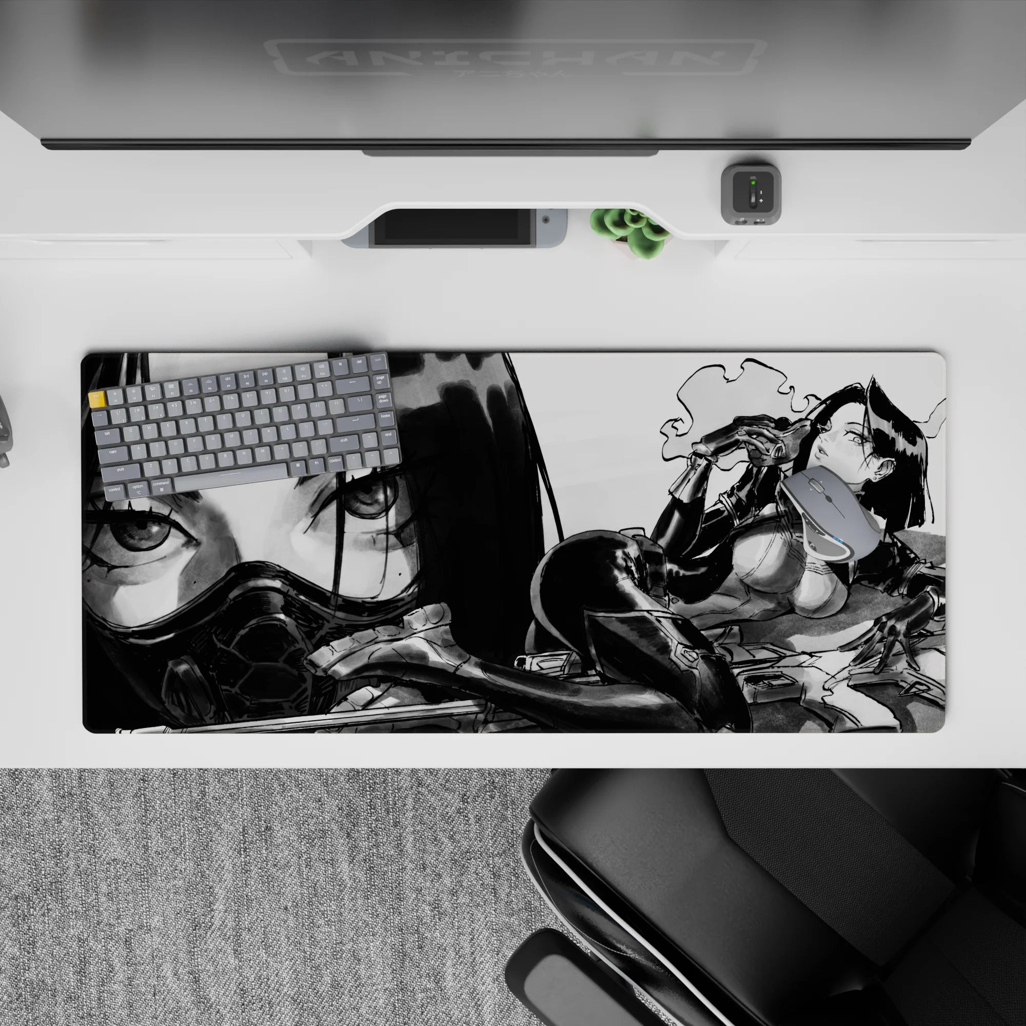 Smoky black-and-gray anime desk pad 36x16 inches, high-contrast noir haze with sharp highlights.