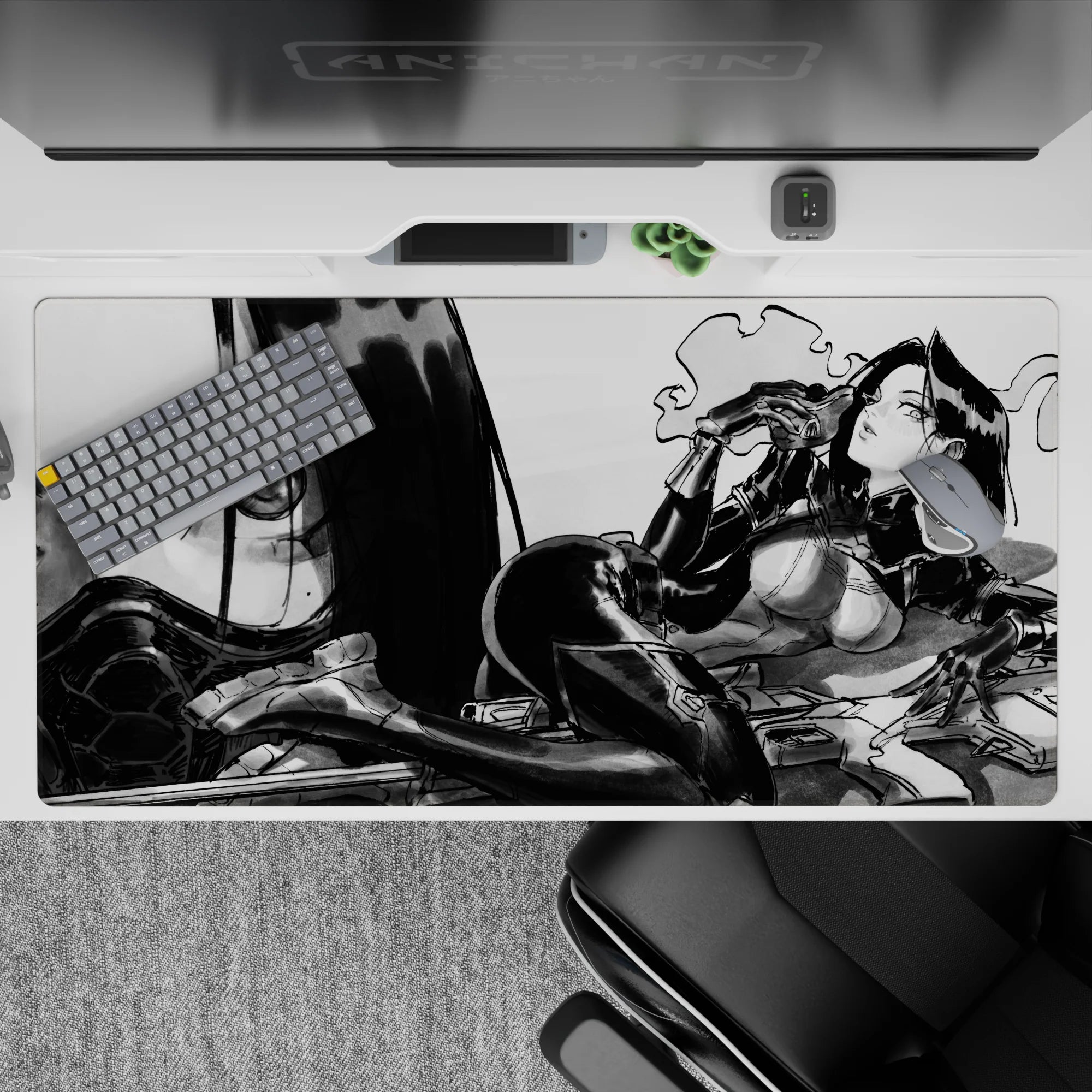 Smoky noir black-and-gray anime mouse pad desk pad 40x20 inches with soft haze and sharp highlights.