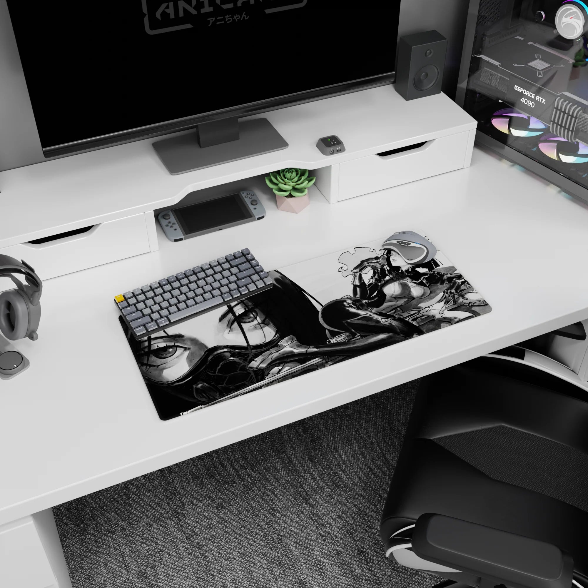 28x12 inches anime girl desk mat with long dark hair, teasing gaze, glossy leggings, hand near lips in armor.