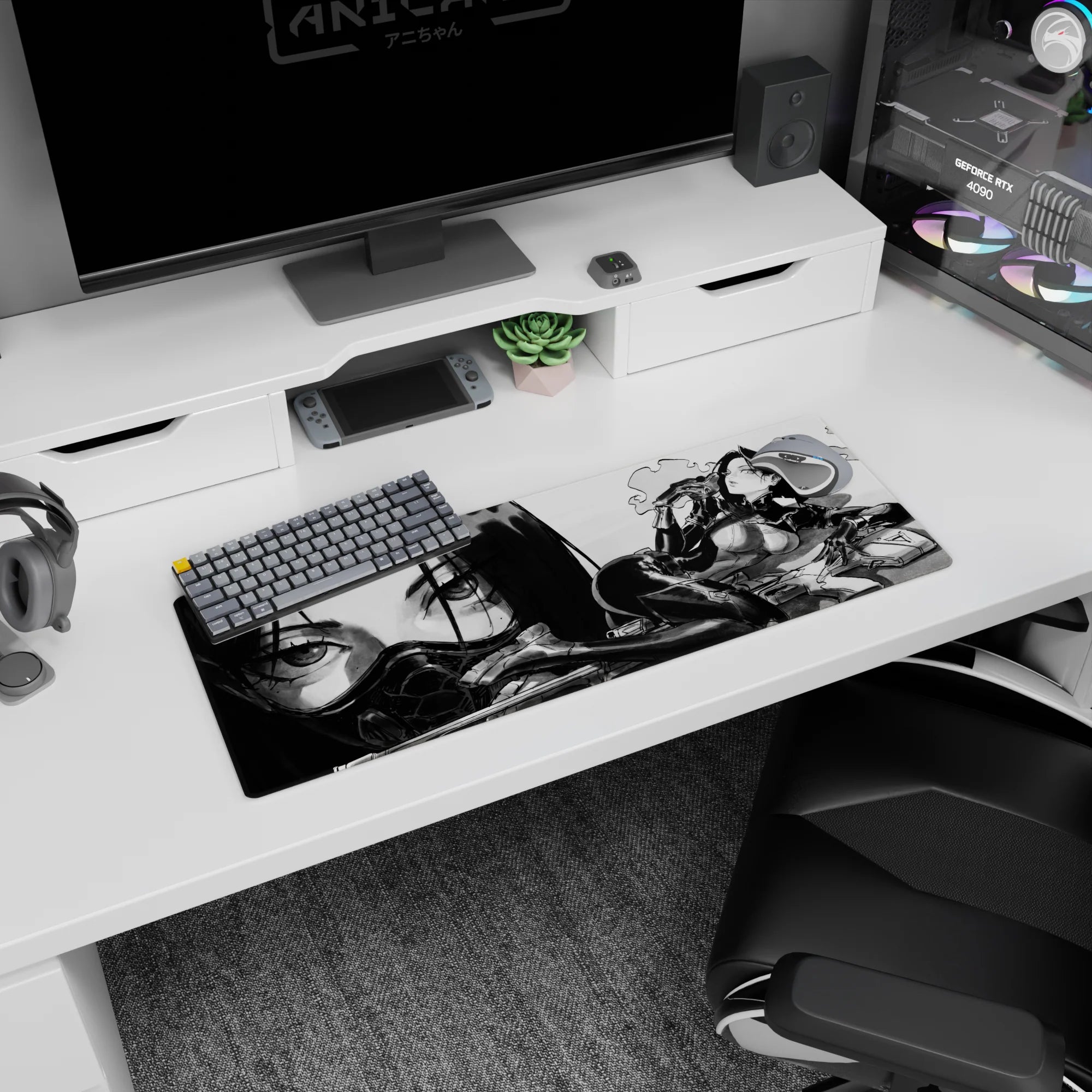 Teasing dark-haired anime girl lounging in sleek armor on a 32x12 inches mouse pad, hand near lips.