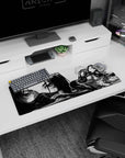 Teasing dark-haired anime girl lounging in sleek armor on a 32x12 inches mouse pad, hand near lips.
