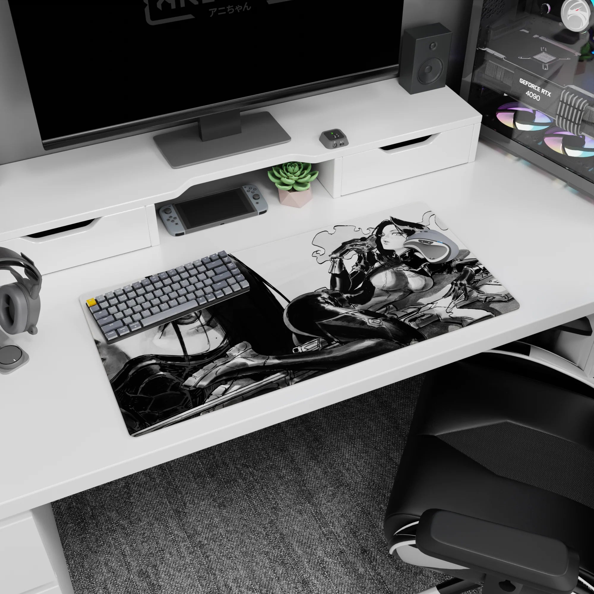 Anime girl lounging with teasing gaze on mouse pad 32x16 inches, hand near lips, armor and leggings.