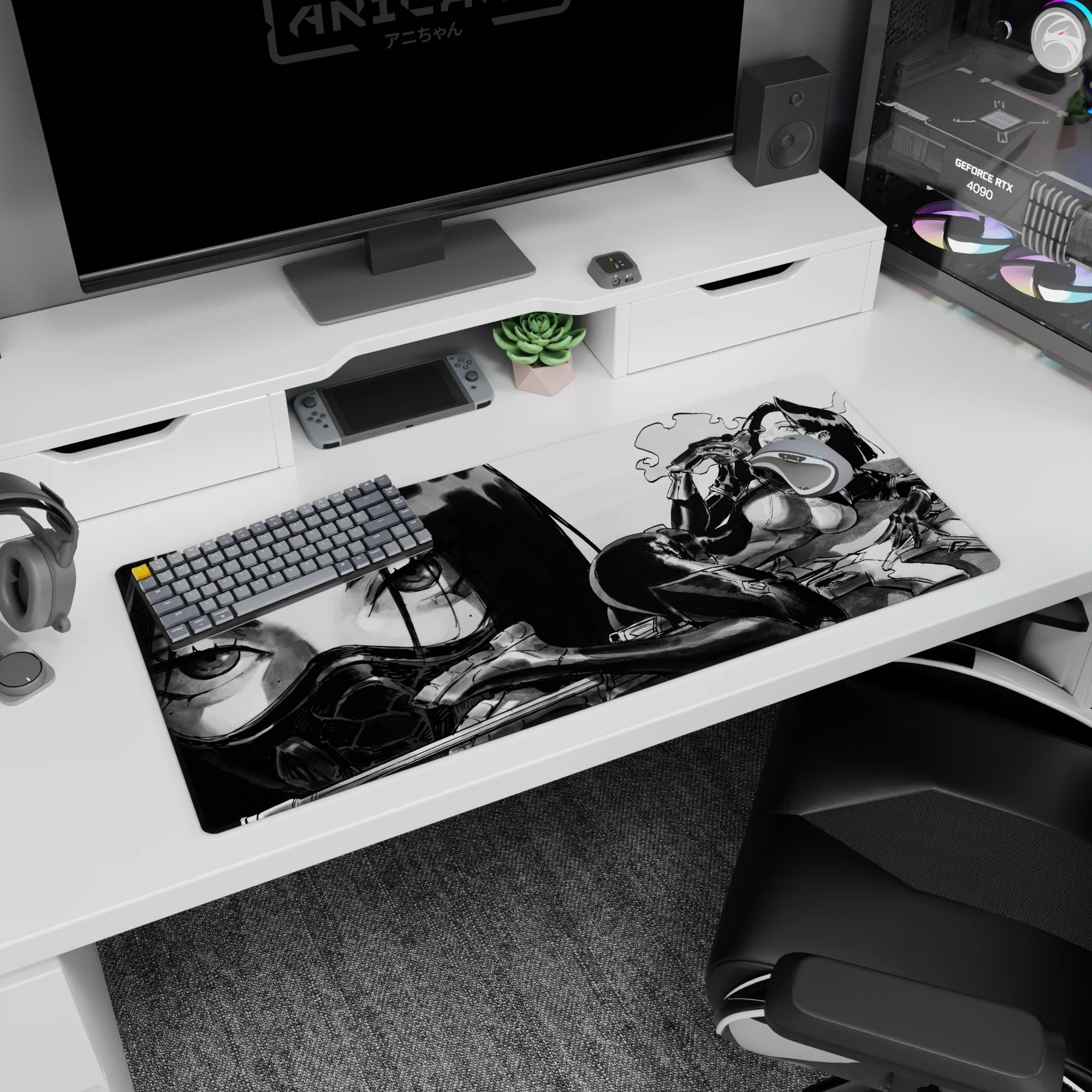 Anime girl lounges in sleek armor and glossy leggings on desk pad 36x16 inches, teasing gaze and attitude pose.
