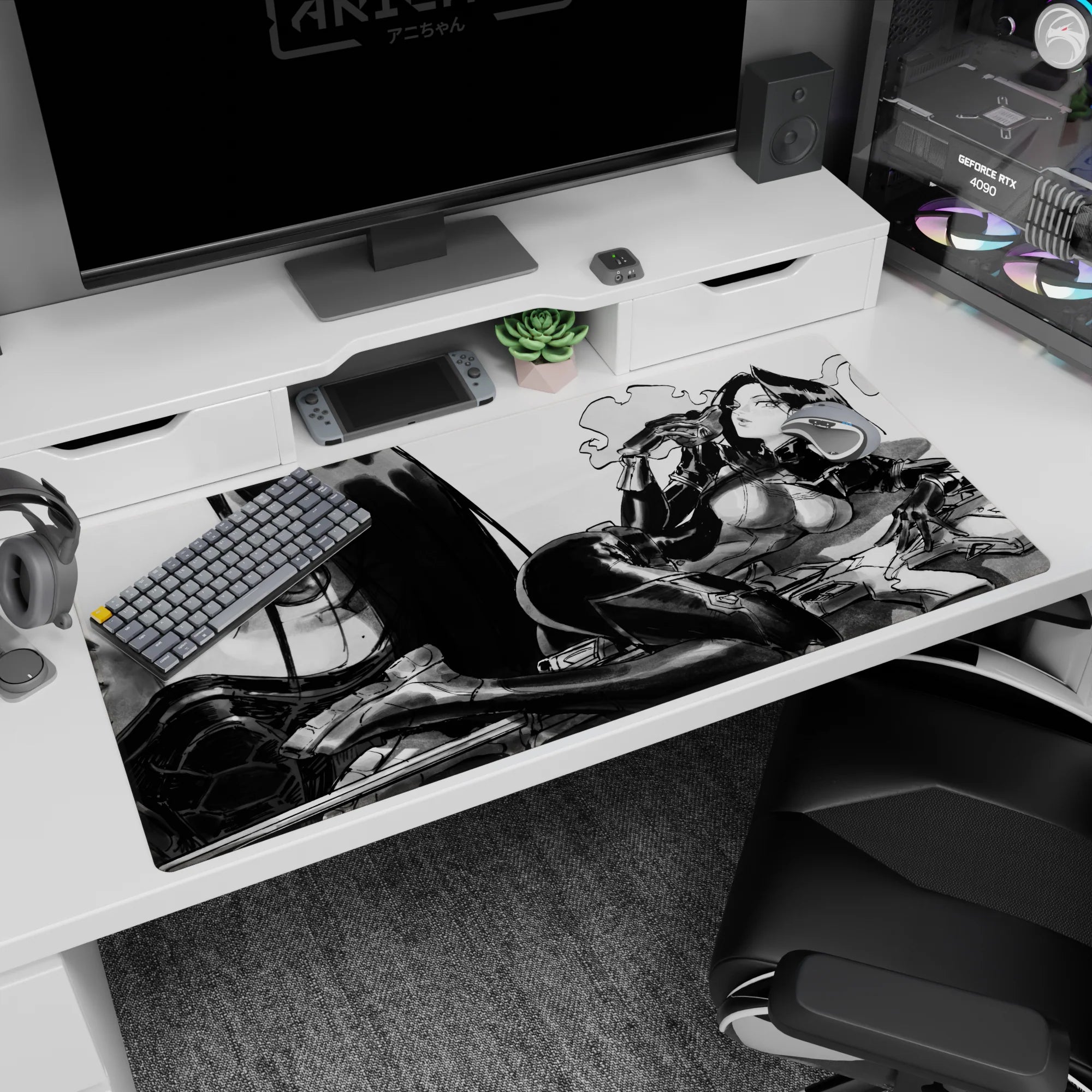 Confident anime girl lounging, teasing gaze, hand near lips on oversized face backdrop desk pad 40x20 inches.