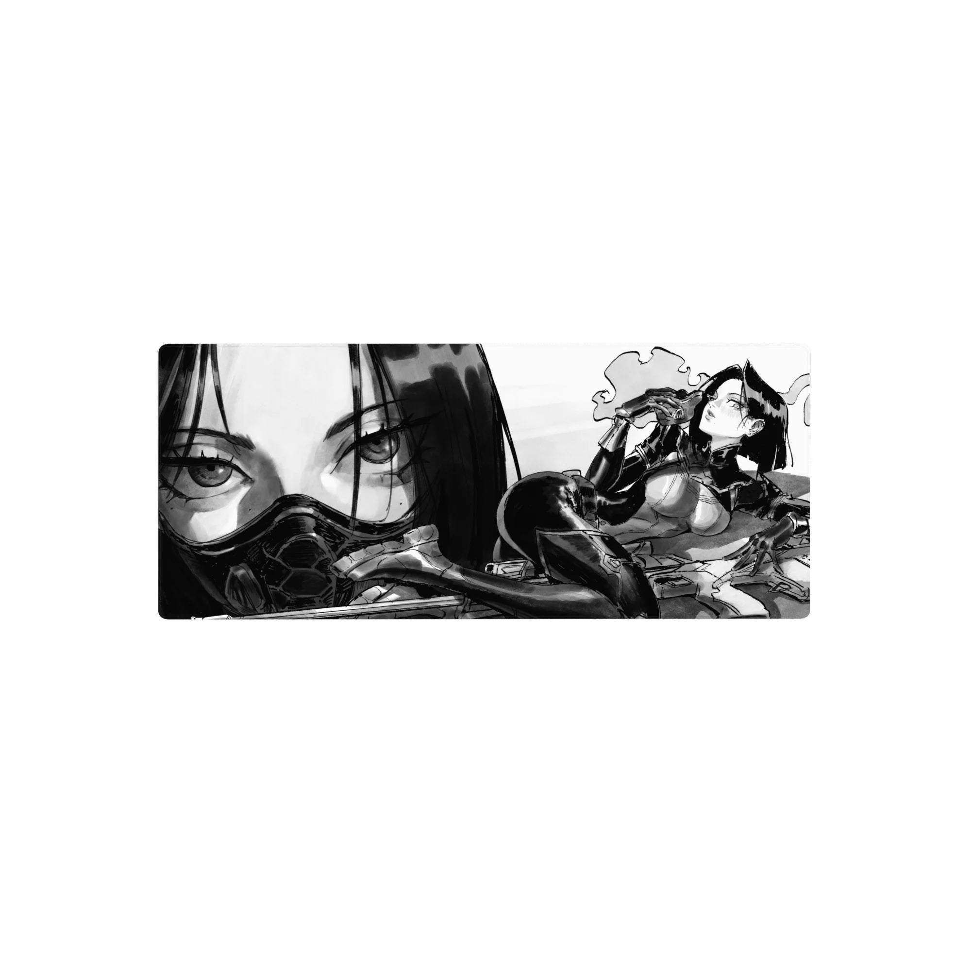 28x12 inches anime girl mouse pad with noir ink-wash art, armored pose, and oversized face backdrop.