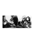 28x12 inches anime girl mouse pad with noir ink-wash art, armored pose, and oversized face backdrop.