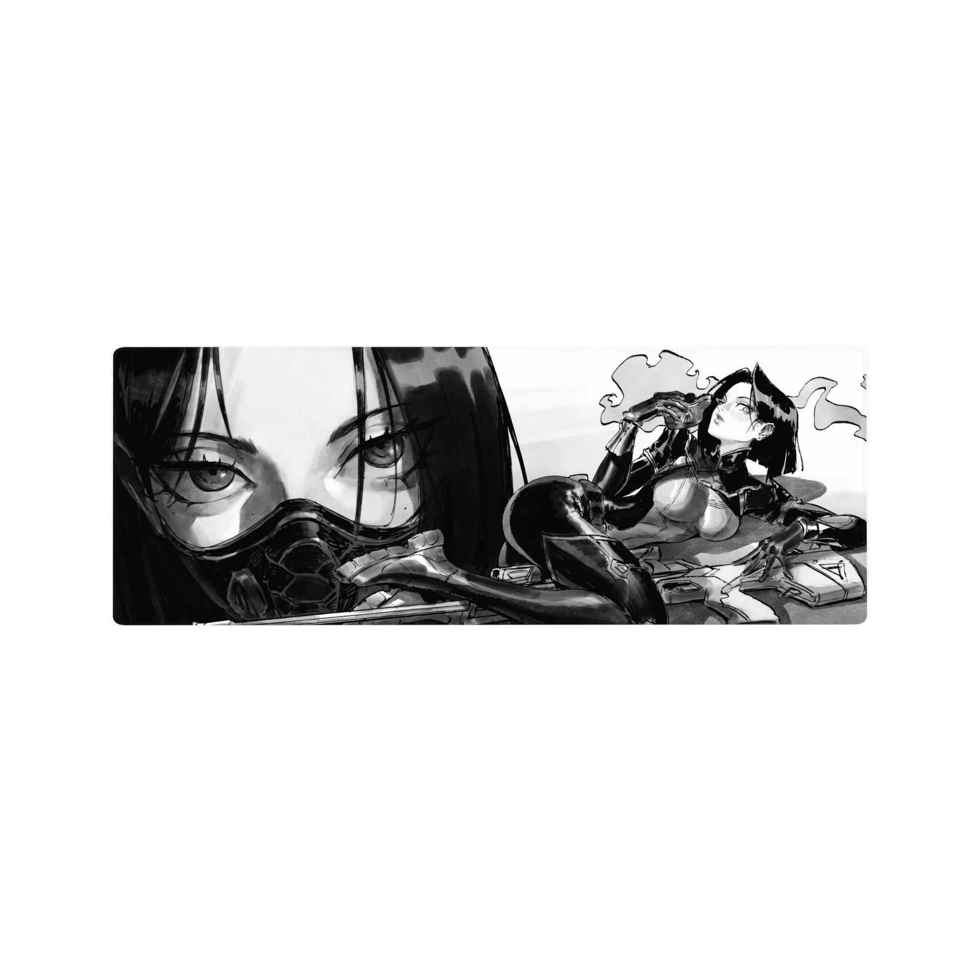 Anime girl mouse pad 32x12 inches with noir ink-wash art, armored pose, oversized face backdrop.