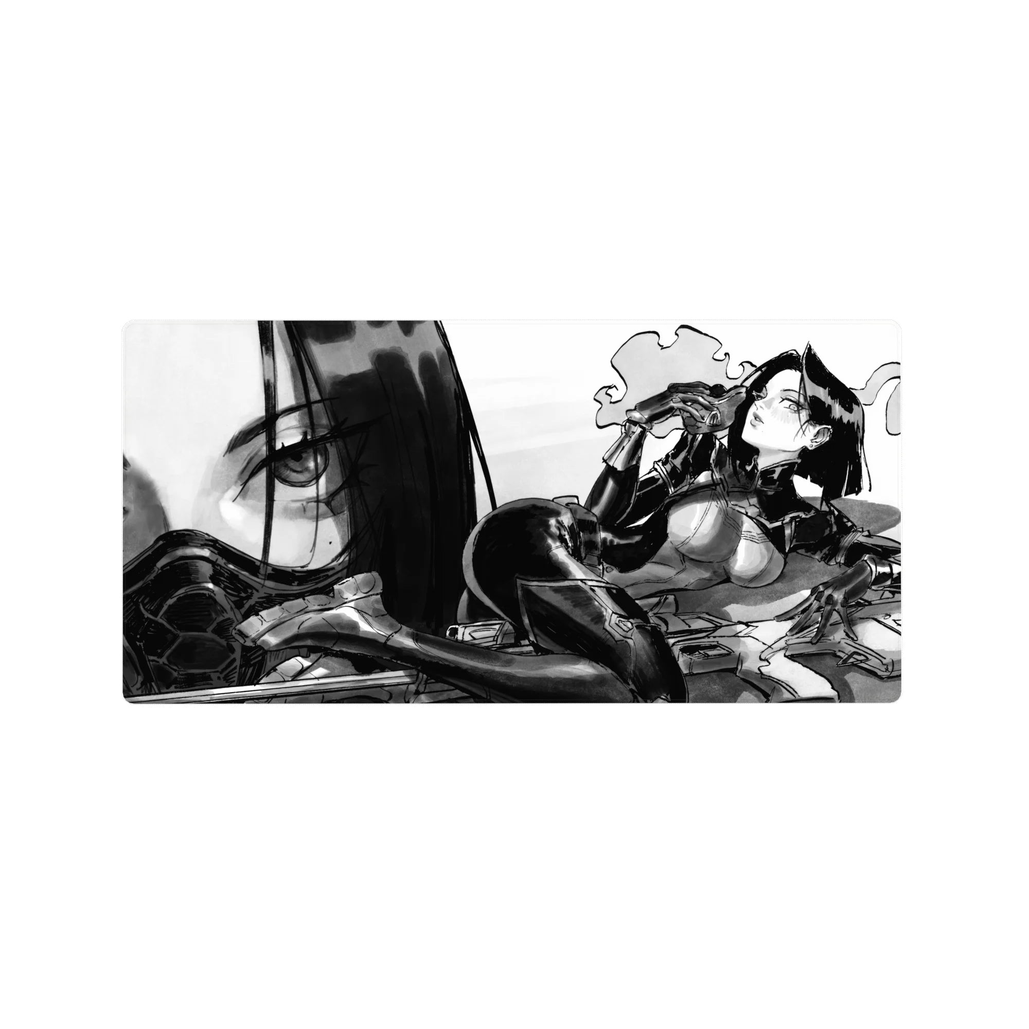 Noir anime girl mouse pad 32x16 inches with bold linework, armor details, and oversized face backdrop.