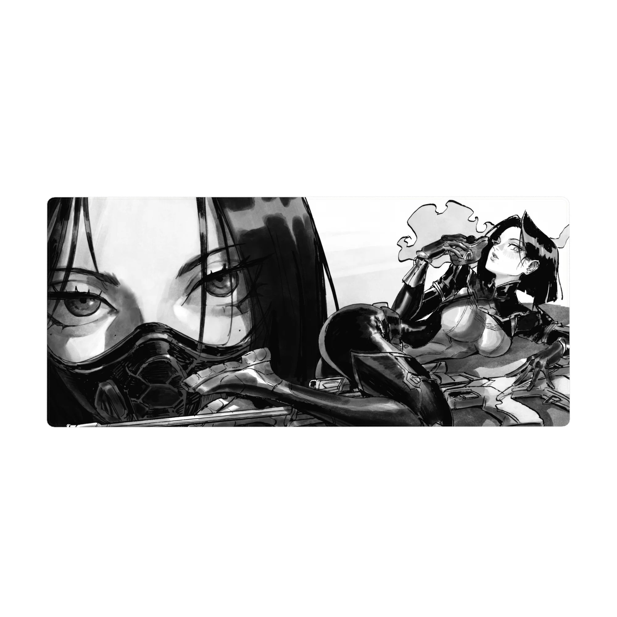 Noir anime girl desk pad 36x16 inches with ink-wash shadows, bold linework, and oversized face backdrop.