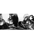 Noir anime girl desk pad 36x16 inches with ink-wash shadows, bold linework, and oversized face backdrop.