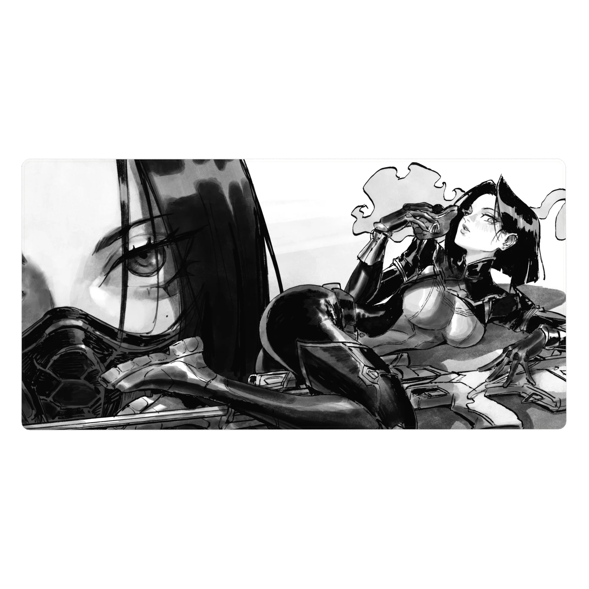 Anime girl desk pad 40x20 inches with noir ink-wash art, bold linework, armor and glossy leggings.